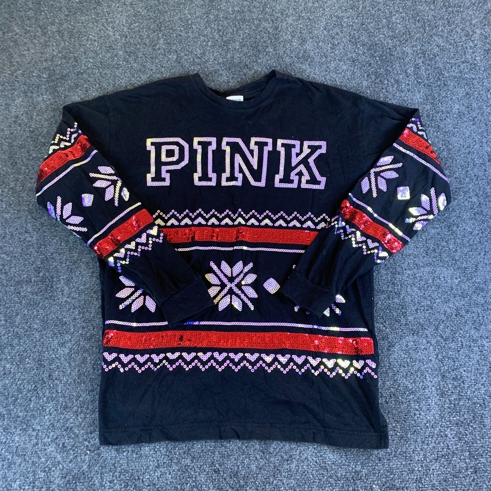PINK Victoria's Secret Shirt Women Small Black Sequin Fair Isle Cotton Crew Neck